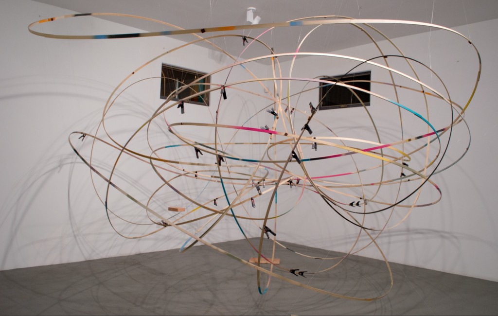 Karl Hofmann, 2016, Comes Around, Goes Around (again), dimensions variable 12' x 12' x 12', poplar, fishing line, spray paint
